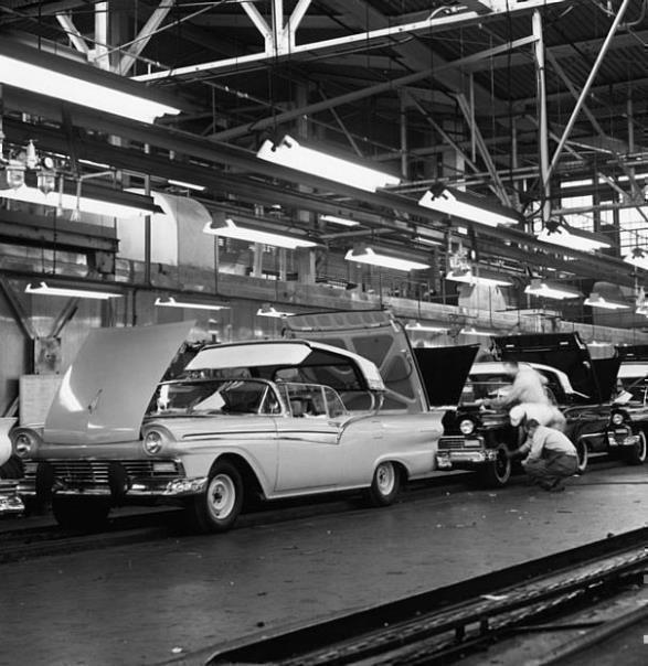 1957. The Fairlane 500 Skyliner, a retractable hardtop, shown coming down the DAP assembly line. 